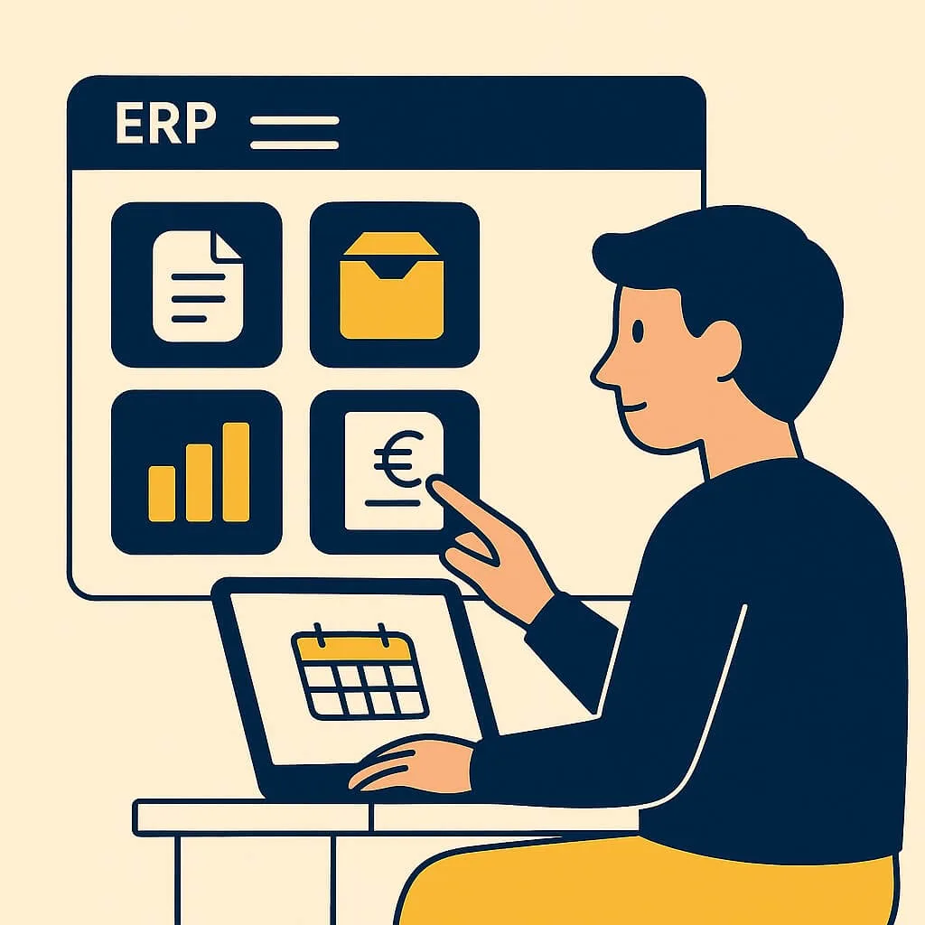 Pyxa erp einfach Moderne ERP-Illustration, die ein stilisiertes Dashboard mit Automatisierung von Angeboten, Lagerbeständen, Rechnungen, Berichten und Planung zeigt - Pyxa Flat Design Stil.