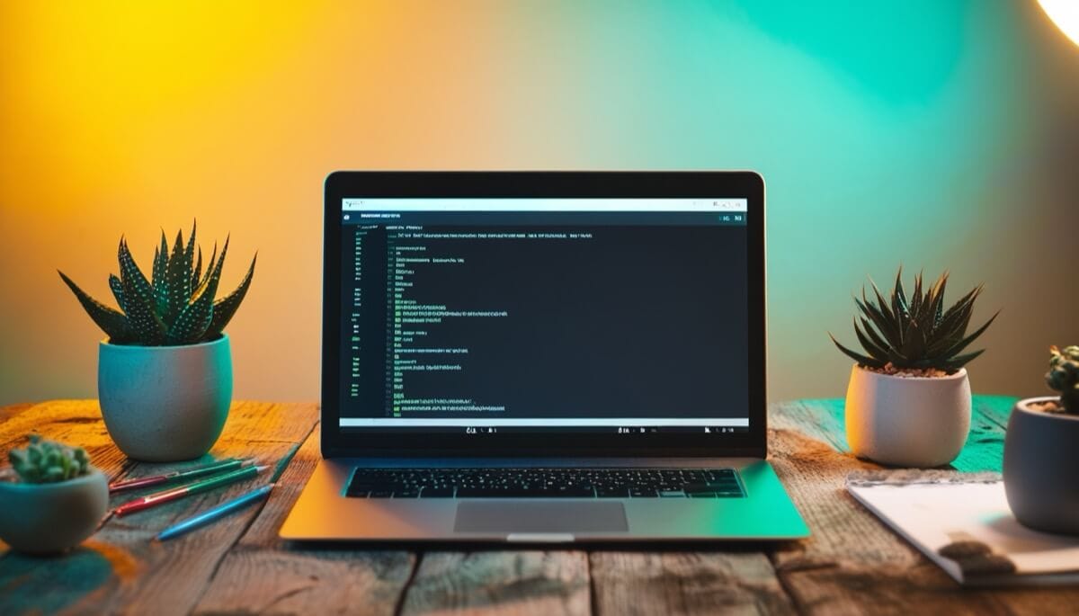 Erstellung von Internetseiten 1 Ordinateur portable affichant du code lié à la création de site internet, posé sur un bureau en bois avec des plantes en pot, éclairé par une lumière d’ambiance chaleureuse et colorée.