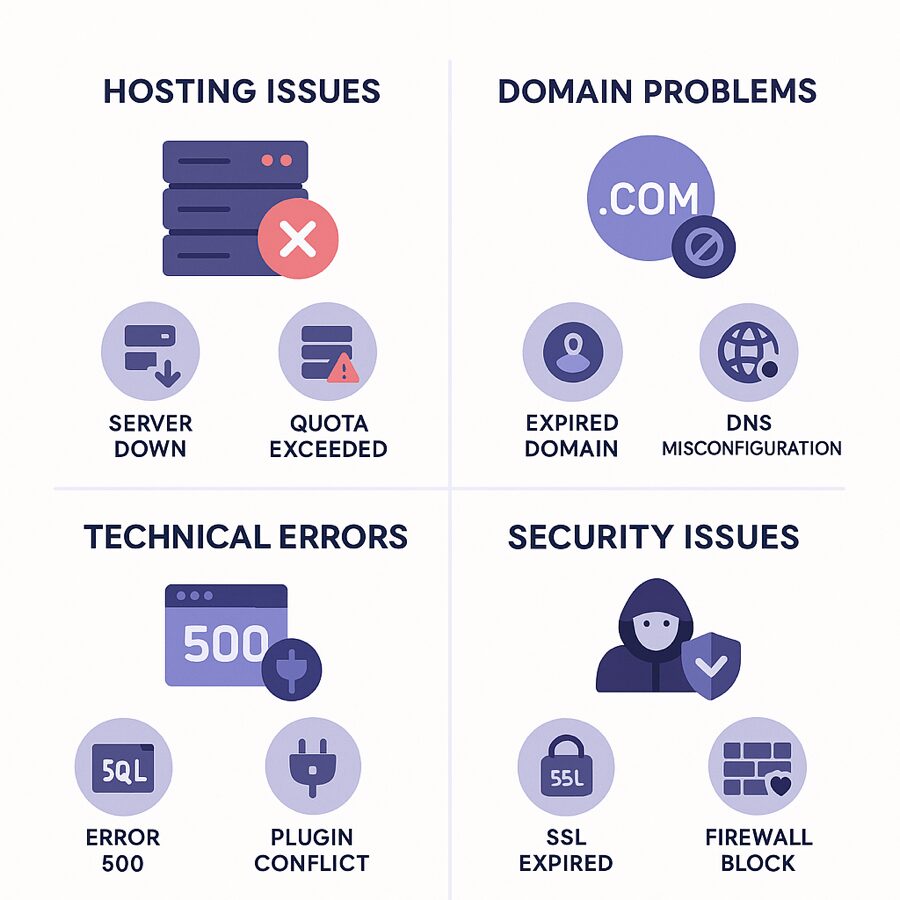 Infographic showing the most common causes of a website going offline. The layout should be clean and modern, with icons and short labels for each cause. Categories include: 1) Hosting issues (server down, quota exceeded), 2) Domain problems (expired domain, DNS misconfiguration), 3) Technical errors (error 500, plugin conflict, .htaccess error), 4) Security issues (site hacked, SSL expired, firewall block). Use a color palette that fits a digital agency style (blues, purples, greys).