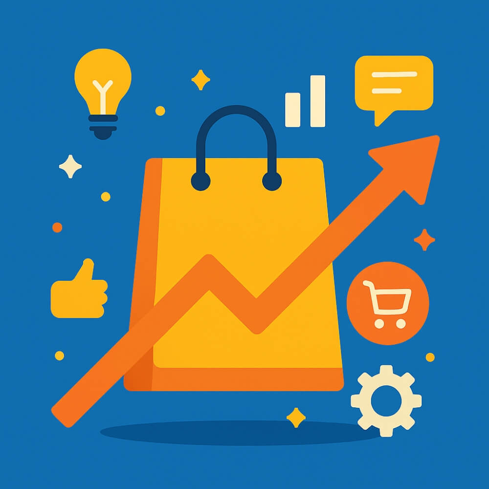 E‑commerce croissance: Illustration d’une croissance e‑commerce avec un sac d’achat, une flèche montante et des icônes de marketing digital